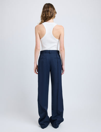 Proenza Schouler Back full length image of model wearing Weyes Pant in Technical Nylon Jacquard in Midnight