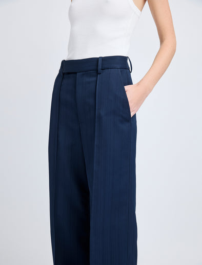 Proenza Schouler Detail image of model wearing Weyes Pant in Technical Nylon Jacquard in Midnight
