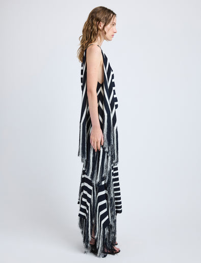Proenza Schouler Side full length image of model wearing Yves Top in Stripe Fringed Knit in Navy Multi