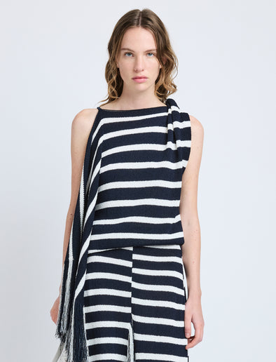 Proenza Schouler Front cropped image of model wearing Yves Top in Stripe Fringed Knit in Navy Multi