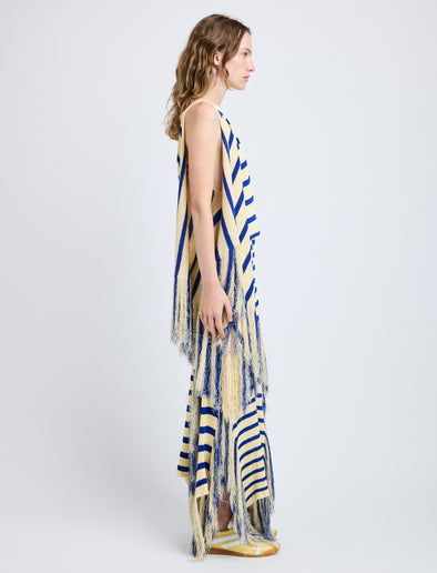 Proenza Schouler Side full length image of model wearing Yves Top in Stripe Fringed Knit in Pale Yellow Multi