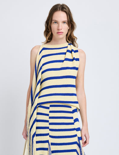 Proenza Schouler Front cropped image of model wearing Yves Top in Stripe Fringed Knit in Pale Yellow Multi
