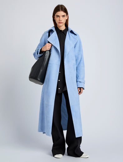 Proenza Schouler Front full length image of model wearing Ramona Coat in Suede in Light Blue