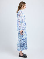 Proenza Schouler Side full length image of model wearing Jones Dress in Printed Crinkle Chiffon in Off White Multi