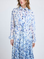 Proenza Schouler Detail image of model wearing Jones Dress in Printed Crinkle Chiffon in Off White Multi