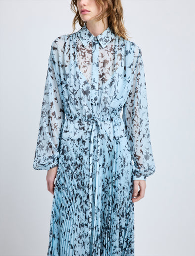 Proenza Schouler Detail image of model wearing Jones Dress in Printed Crinkle Chiffon in Sky Blue Multi