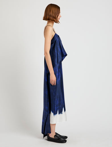Proenza Schouler Side full length image of model wearing Wilma Dress in Double Printed Silk Twill in Cobalt Multi