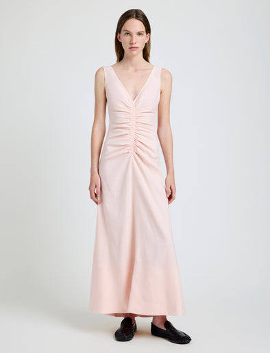 Proenza Schouler Front full length image of model wearing Remi Dress in Eco Stretch Linen Viscose in Pale Pink