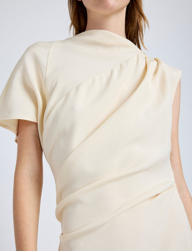 Proenza Schouler Detail image of model wearing Hallie Dress in Hammered Viscose in Champagne