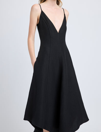 Proenza Schouler Detail image of model wearing Elaine Dress in Cotton Viscose Linen in Black