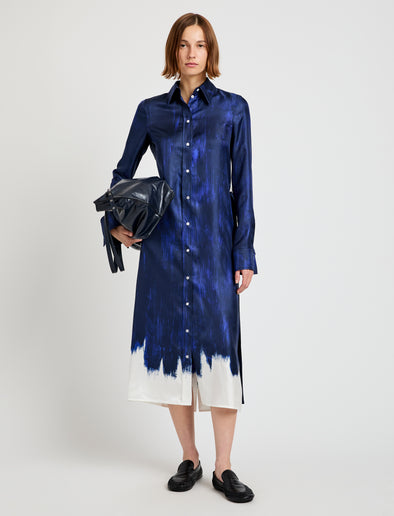 Proenza Schouler Front full length image of model wearing Amaya Dress in Double Printed Silk Twill in Cobalt Multi