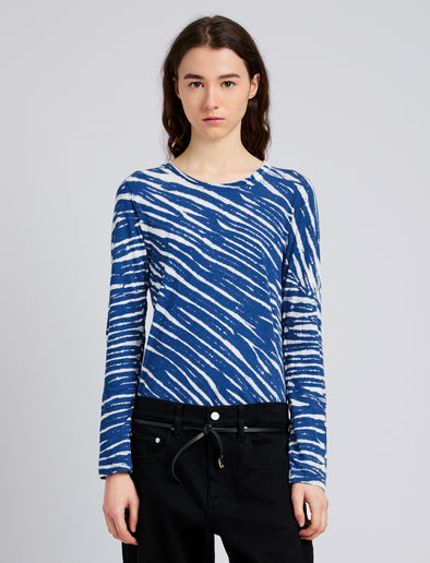 Proenza Schouler Front cropped image of model wearing Mia T-Shirt in Tie Dye Tissue Jersey in Blue Multi