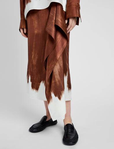 Proenza Schouler Detail image of model wearing Amery Skirt in Double Printed Silk Twill in Sienna Multi