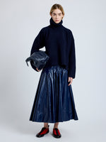 Proenza Schouler Front full length image of model wearing Petra Skirt in Lacquered Cotton in Navy