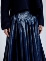 Proenza Schouler Detail image of model wearing Petra Skirt in Lacquered Cotton in Navy