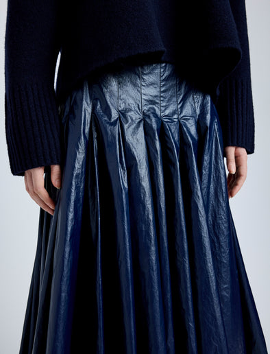Proenza Schouler Detail image of model wearing Petra Skirt in Lacquered Cotton in Navy