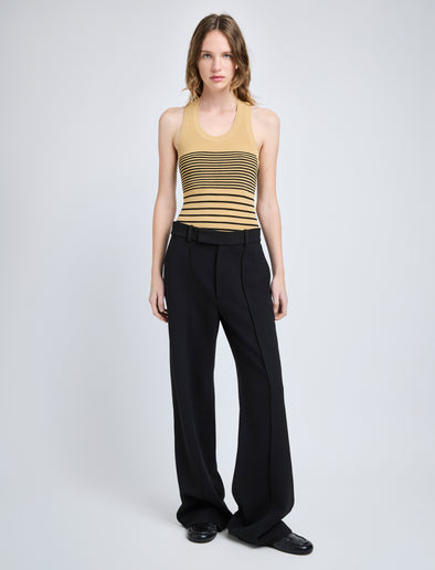 Proenza Schouler Front full length image of model wearing Roberts Top in Matte Viscose Rib in Khaki Multi