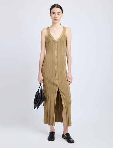 Proenza Schouler Front full length image of model wearing Ellis Dress in Column Rib in Bronze