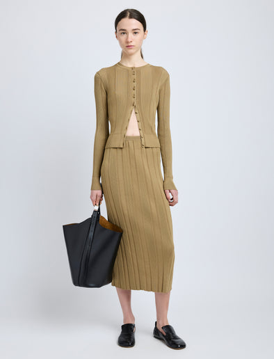 Proenza Schouler Front full length image of model wearing Ryanne Skirt in Column Rib in Bronze