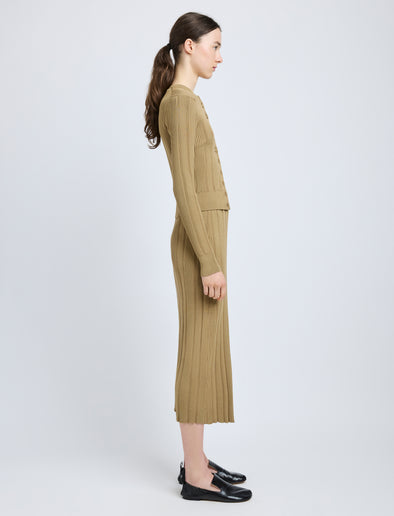 Proenza Schouler Side full length image of model wearing Ryanne Skirt in Column Rib in Bronze