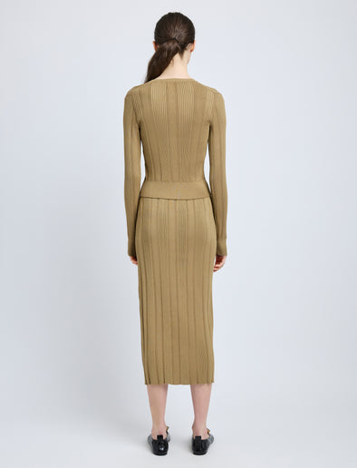 Proenza Schouler Back full length image of model wearing Ryanne Skirt in Column Rib in Bronze