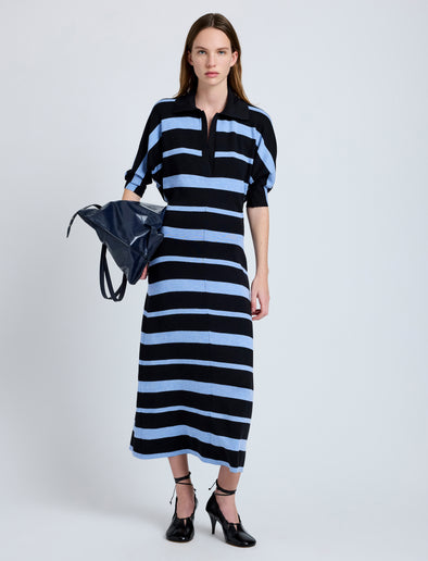 Proenza Schouler Front full length image of model wearing Solana Dress in Superfine Merino Silk in Black Multi