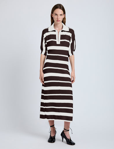 Proenza Schouler Front full length image of model wearing Solana Dress in Superfine Merino Silk in Brown Multi