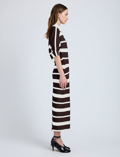Proenza Schouler Side full length image of model wearing Solana Dress in Superfine Merino Silk in Brown Multi