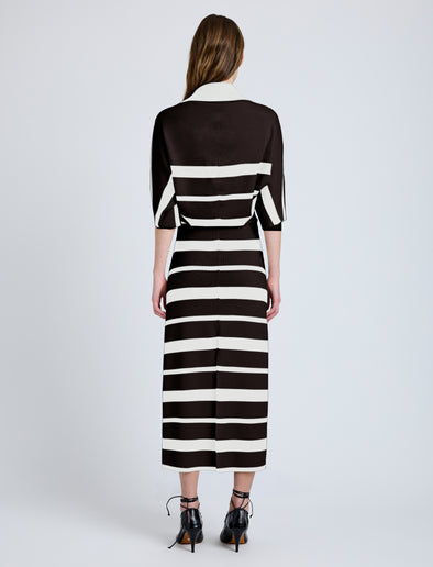 Proenza Schouler Back full length image of model wearing Solana Dress in Superfine Merino Silk in Brown Multi