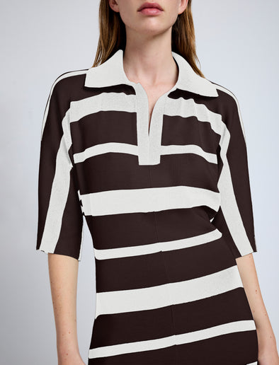 Proenza Schouler Detail image of model wearing Solana Dress in Superfine Merino Silk in Brown Multi