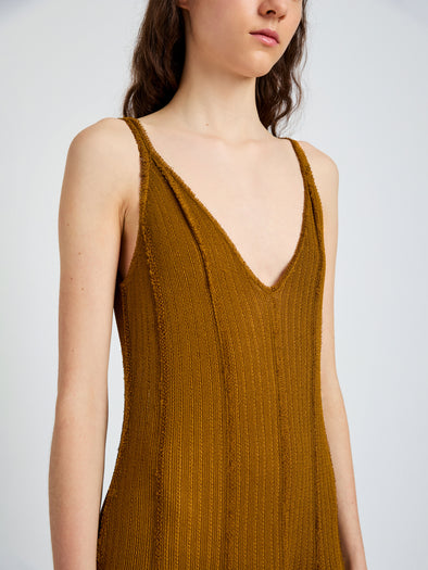 Proenza Schouler detail image of model wearing Tavia Dress in Viscose Fringe Knit in olive