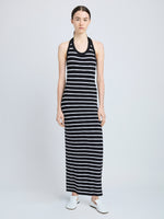 Proenza Schouler Front full length image of model wearing Meryl Dress in Matte Viscose Rib in Black Multi