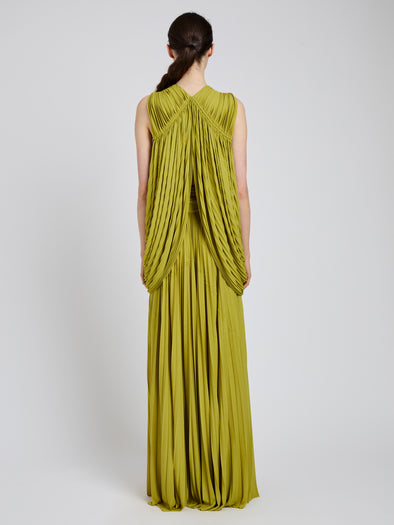 Proenza Schouler Back full length image of model wearing Bari Dress In Gauzy Jersey in Olive
