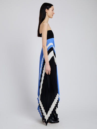 Proenza Schouler Side full length image of model wearing Fia Dress In Technical Crepe in Sky Blue Multi