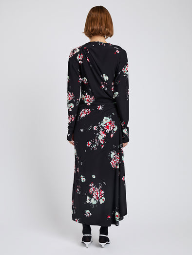Proenza Schouler Back full length image of model wearing Trudie Dress In Printed Silk Viscose in Black Multi