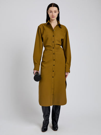 Proenza Schouler Front full length image of model wearing Flora Dress In Bi Stretch Cotton Nylon in Fatigue