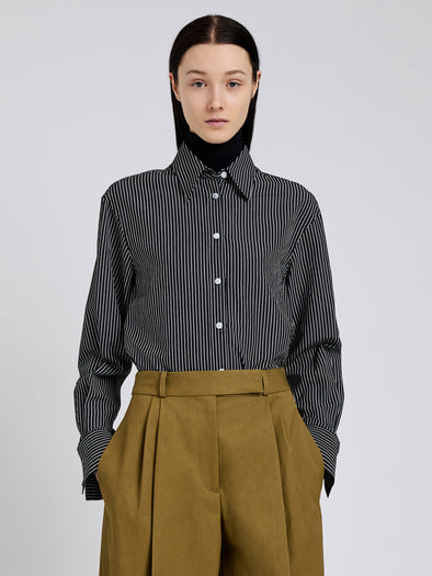 Proenza Schouler Front cropped image of model wearing Lynsey Top in Viscose Striped Shirting in Black/White