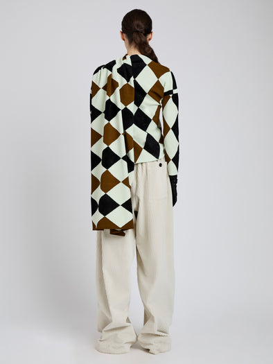 Proenza Schouler Back full length image of model wearing Vanne Top in Argyle Velvet Knit in Light Green Multi