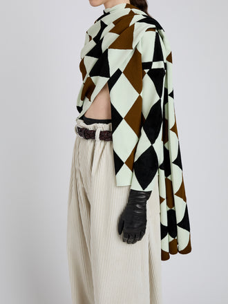 Proenza Schouler Detail image of model wearing Vanne Top in Argyle Velvet Knit in Light Green Multi