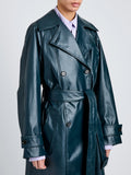 Proenza Schouler Detail image of model wearing Benedetta Trench Coat in Coated Cotton in Bottle Green