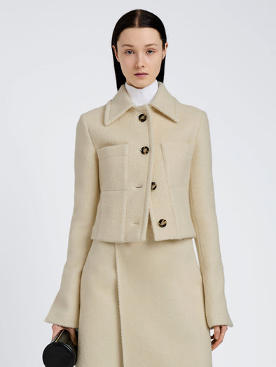 Proenza Schouler Front cropped image of model wearing Kinsley Jacket in Boucle Twill Suiting in Off White