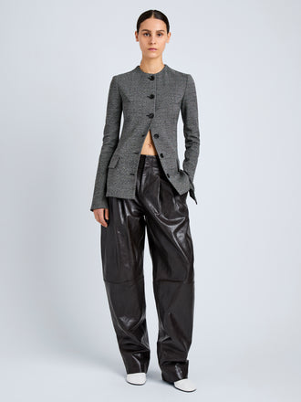 Proenza Schouler Front full length image of model wearing Annemarie Jacket in Melange Suiting in Dark Grey Melange