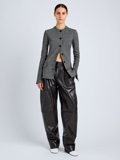 Proenza Schouler Front full length image of model wearing Annemarie Jacket in Melange Suiting in Dark Grey Melange