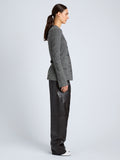 Proenza Schouler Side full length image of model wearing Annemarie Jacket in Melange Suiting in Dark Grey Melange