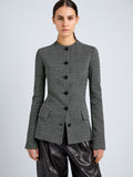 Proenza Schouler Detail image of model wearing Annemarie Jacket in Melange Suiting in Dark Grey Melange