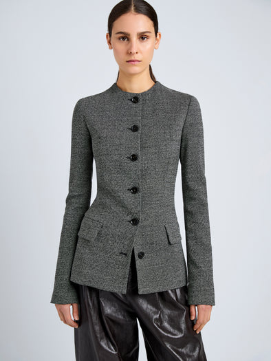 Proenza Schouler Detail image of model wearing Annemarie Jacket in Melange Suiting in Dark Grey Melange