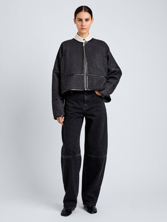 Proenza Schouler Front full length image of model wearing Ticiana Jackets in Double Wool Twill in Charcoal Melange