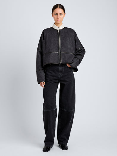Proenza Schouler Front full length image of model wearing Ticiana Jackets in Double Wool Twill in Charcoal Melange