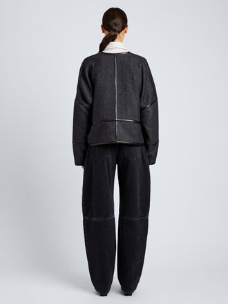 Proenza Schouler Back full length image of model wearing Ticiana Jackets in Double Wool Twill in Charcoal Melange