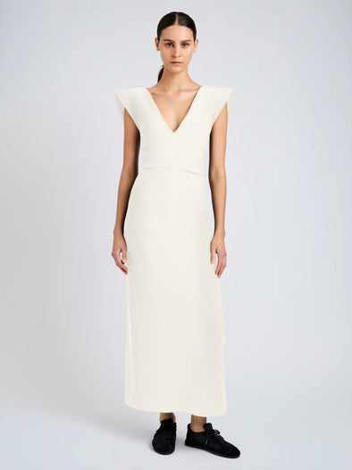 Proenza Schouler Front full length image of model wearing Mariam Dress in Wool Scuba in Off White